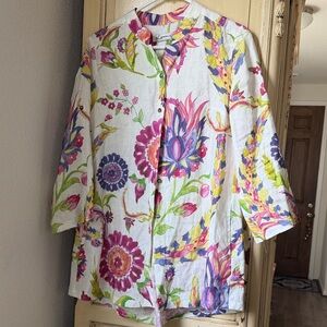 Lightweight Floral Button-Front Tunic Top - White with Pink & Purple Floral